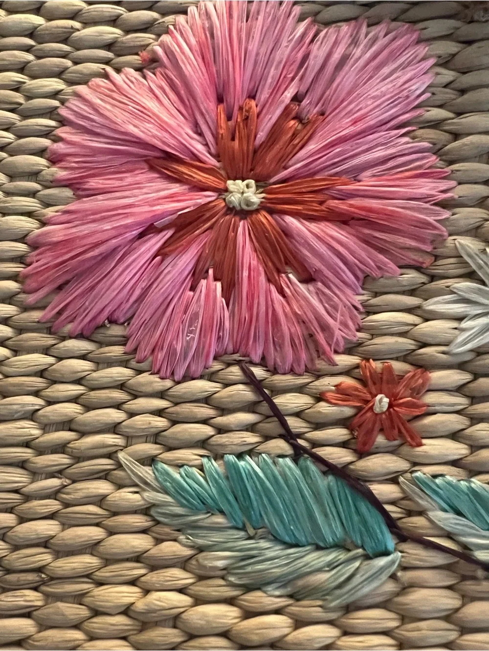 Vintage 70s Straw Woven Tote | Floral + Butterfly Deco-Bamboo Handles | Boho Bag - Picture 7 of 12